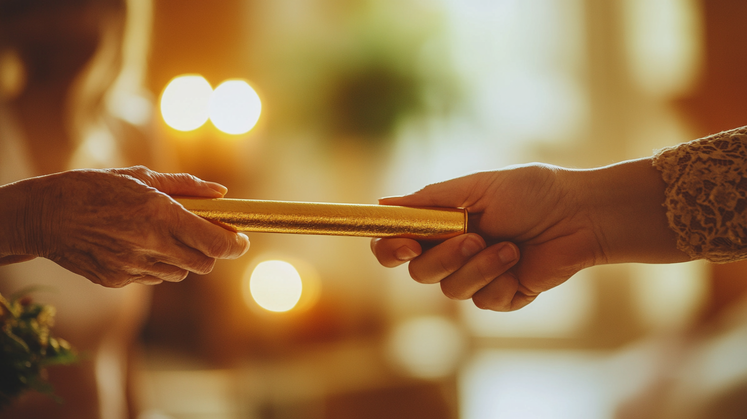 Two generations passing a golden baton — symbolizing the transfer of wealth and legacy
